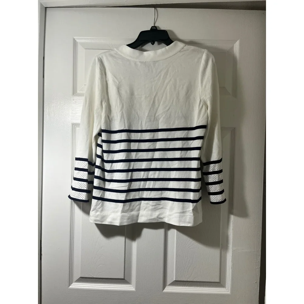 MING WANG Women's White Navy Stripe Square Neck Button Detail Sweater Top Size S